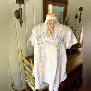 Johnny Was Pink Linen Floral Embroidered Blouse